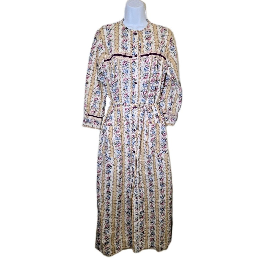 Vtg 70s Romantic Floral Victorian Robe‎ Belted Lounge Dress Lace Velvet Cottage